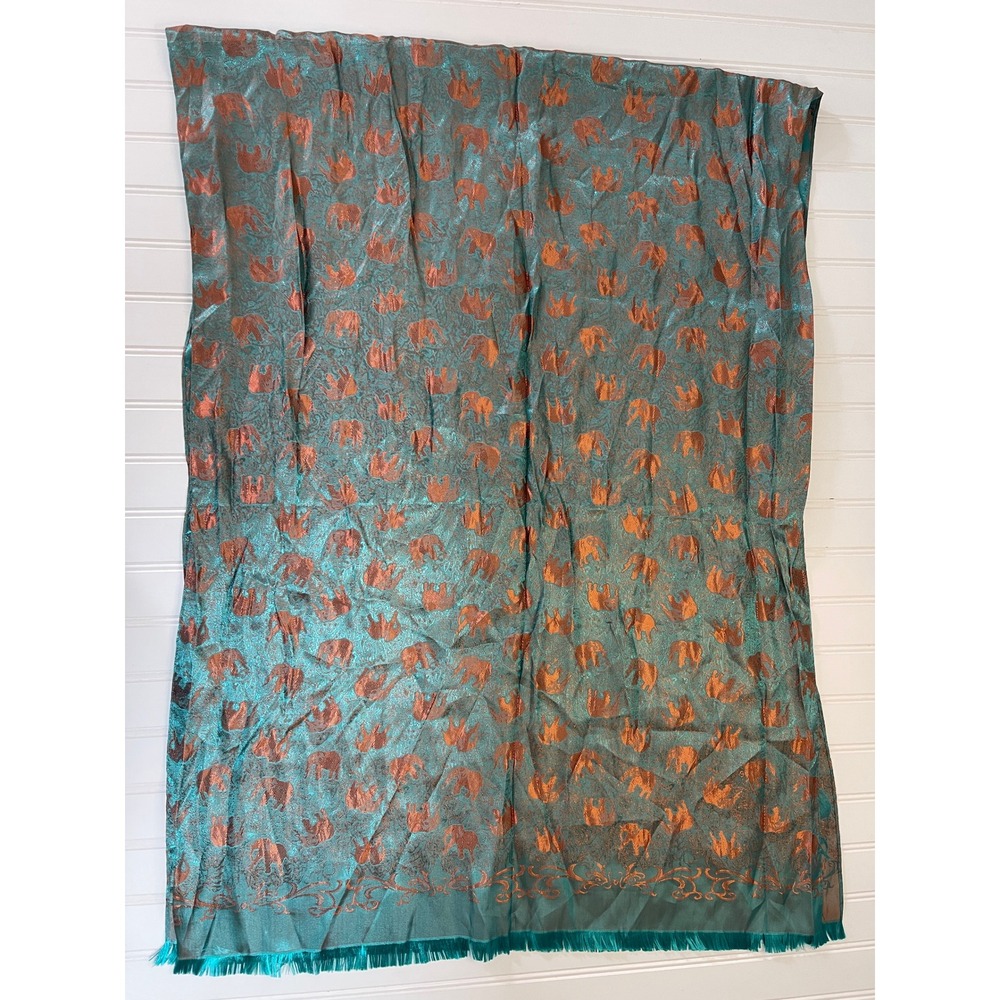 Thai Silk 100% Elephant Scarf Teal Copper Iridescent Jacquard Fringe Wrap - Picture 4 of 7